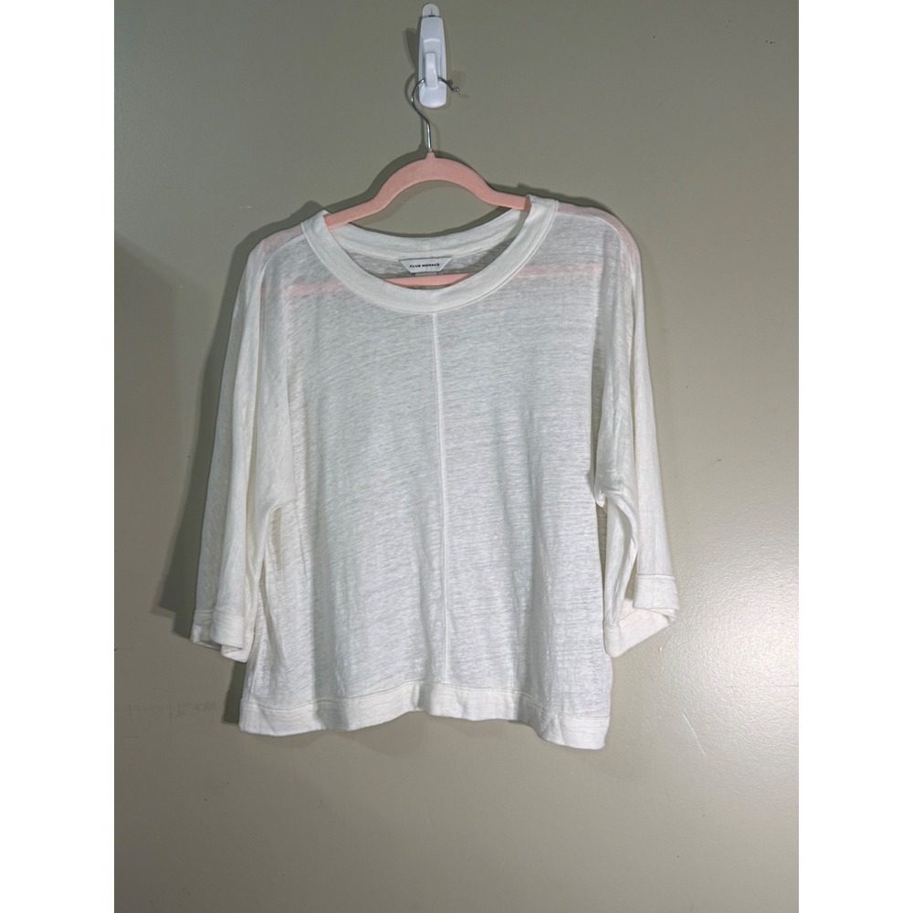 Club Monaco White 100% Linen Boxy Crew Neck Top 3/4 Sleeve Large